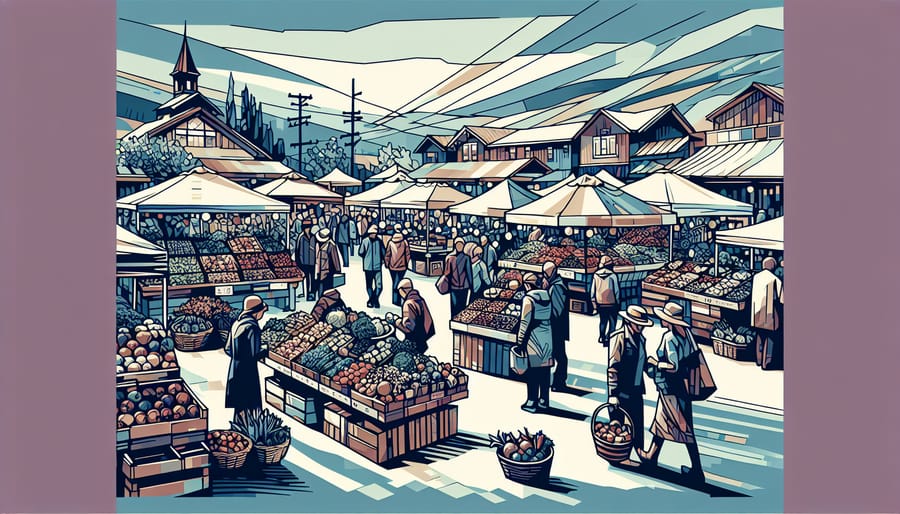 A vibrant farmer's market in the Okanagan Valley, with stalls showcasing fresh local produce and a vendor marketing freeze dried treats, reflecting the region's agricultural wealth and community spirit.